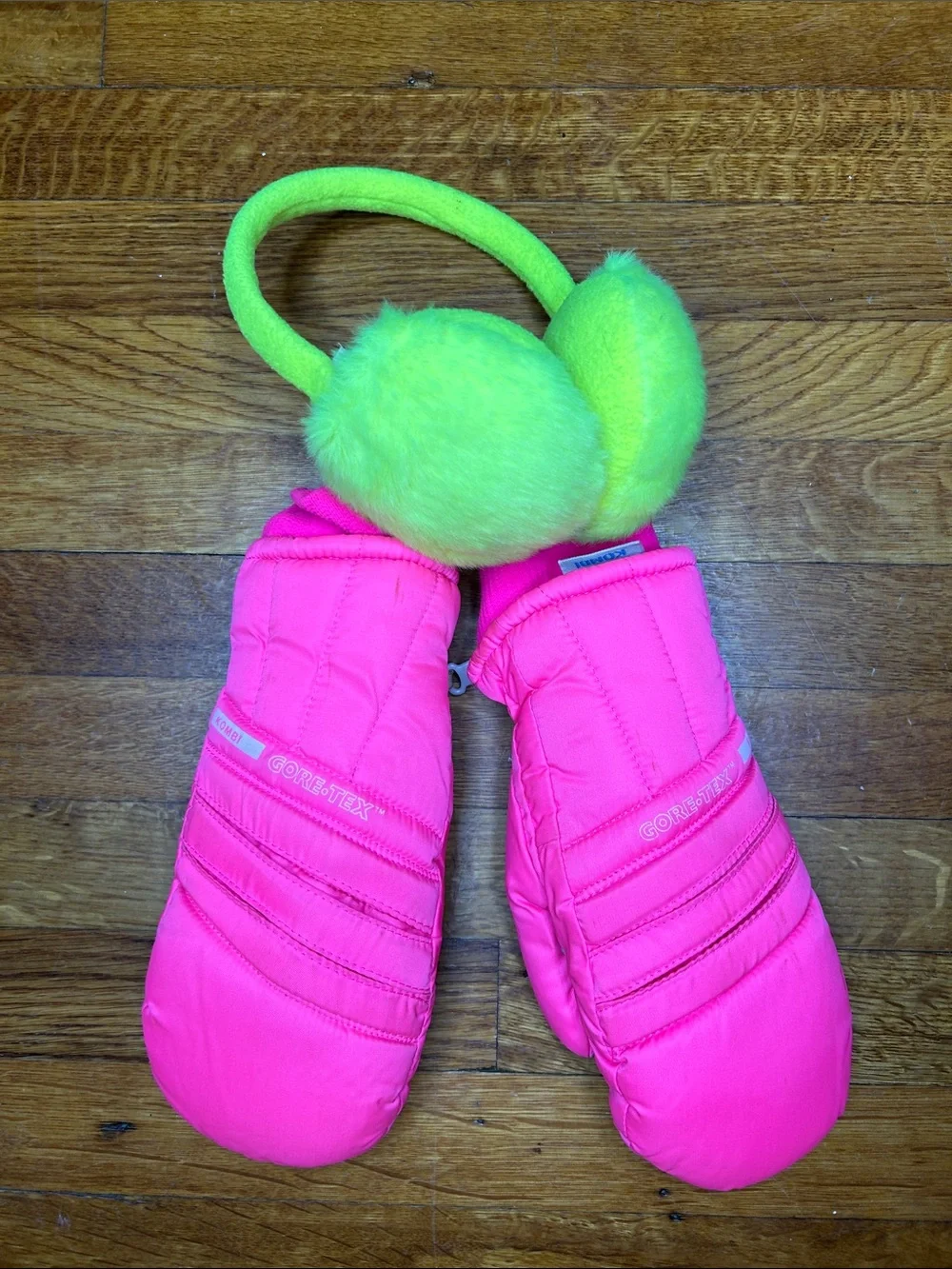 GORE-TEX Kids Bright Pink Mittens with Neon Green Earmuffs